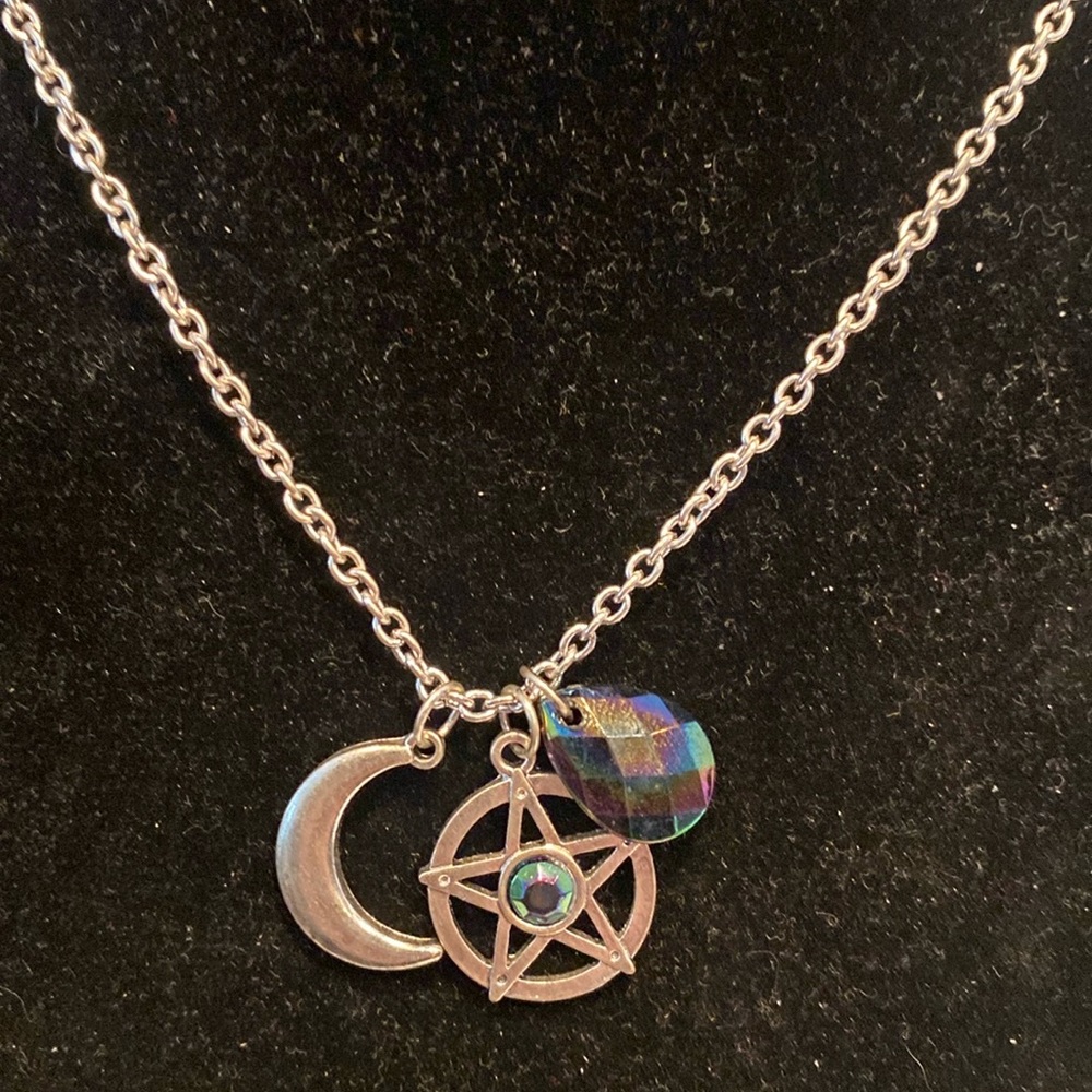 Pentagram, Crescent Moon & Faux Gemstone Necklace
